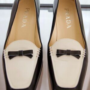 PRADA Vintage Black & Ivory Bow Loafer Heels